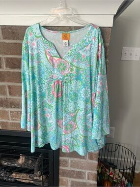 Ruby Rd. Floral V-Neck Tunic in Aqua, Pink & Green